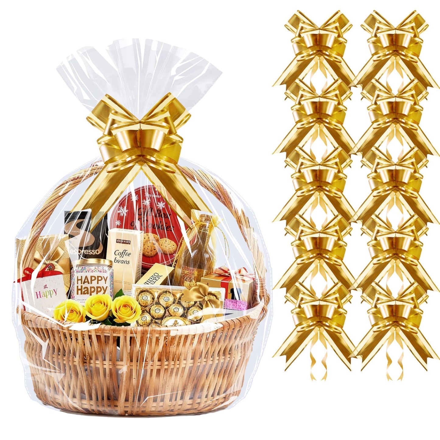 PigPotParty 10 Pack 24x30 Inch Large Cellophane Bags for Gift Baskets, Thick Clear Plastic Basket Wrap, Includes 10 Large Gold Pull Bows