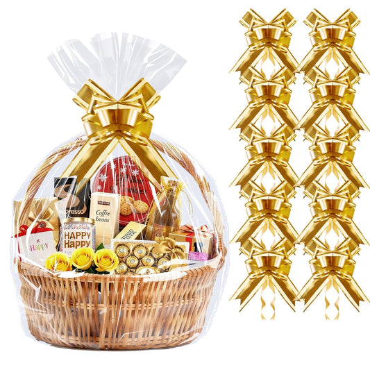 PigPotParty 10 Pack 24x30 Inch Large Cellophane Bags for Gift Baskets, Thick Clear Plastic Basket Wrap, Includes 10 Large Gold Pull Bows