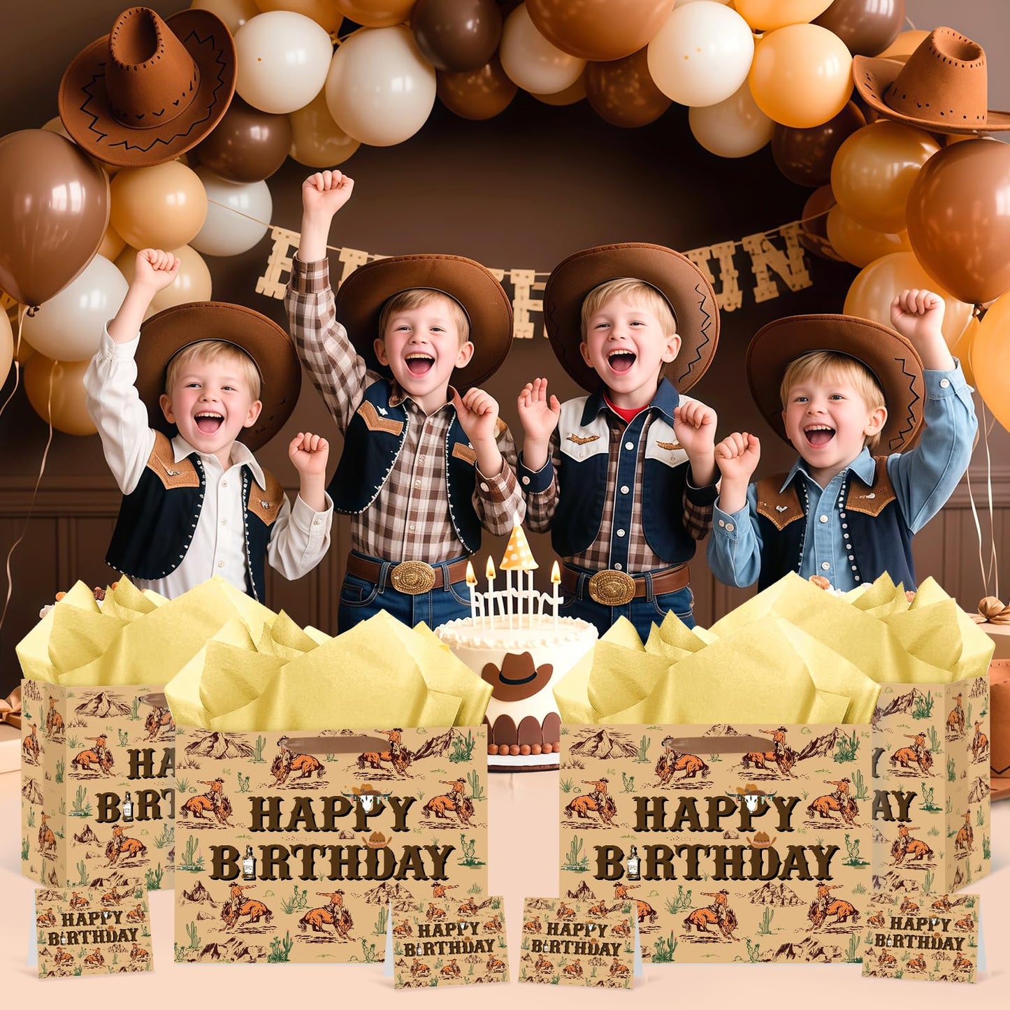 Wauprant Cowboy Birthday Gift Bags,Brown Western Rodeo Cowboy Wrapping Paper Gift Bag with Handles Greeting Card and Paper,Riding Horse Wild West Party Decoration for Men Birthday Western Theme Party