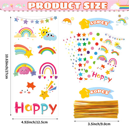 50PCS Rainbow Cellophane Treat Bags: Clear Goodie Bags with 60 Twist Ties for Kids Birthday Party Favors Wrapping, Durable Clear Plastic Gift Bag for Candy Cookies Treat Classroom Return Gifts