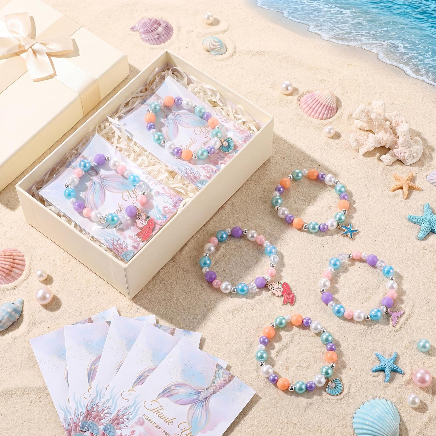 Misdary 12 Set Mermaid Party Favors Kids Beaded Bracelets Thank You Cards Goodie Bags Gifts Theme Party Accessories for Girls Jewelry Princess Birthday Prize Gifts Birthday Decorations