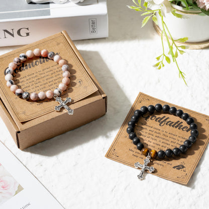 CJiangpo Natural Stone Cross Bracelet for Godparents, Christian Religious Cross Beaded Bracelets Godmother Godfather Proposal Gifts Catholic Jewelry for Christmas Baptism Gifts