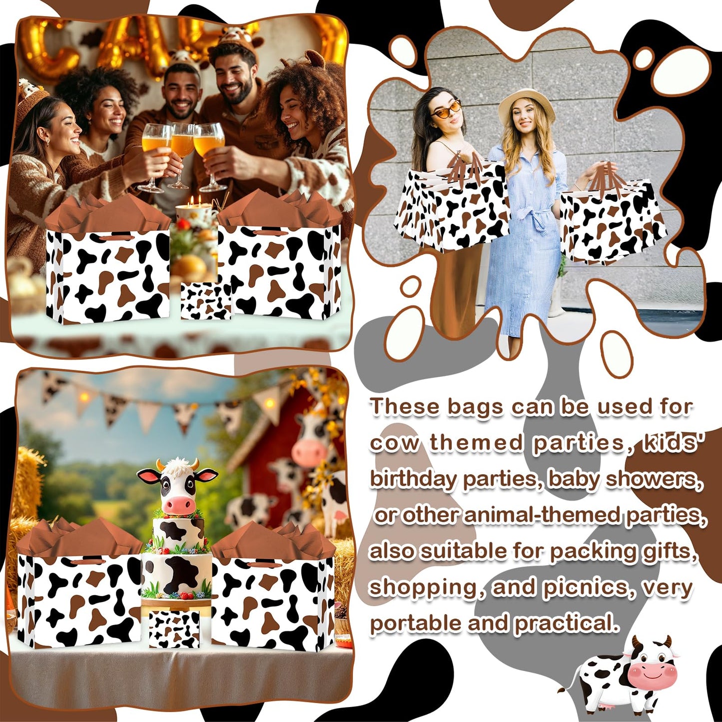 Large Brown Cow Print Gift Bag with Tissue Paper and Card Cow Party Favors Bag Brown Farm Animal Goodie Bags Cowboy Paper Bags for Cowboy Cowgirl Theme Birthday Party Wedding Shower Supplies