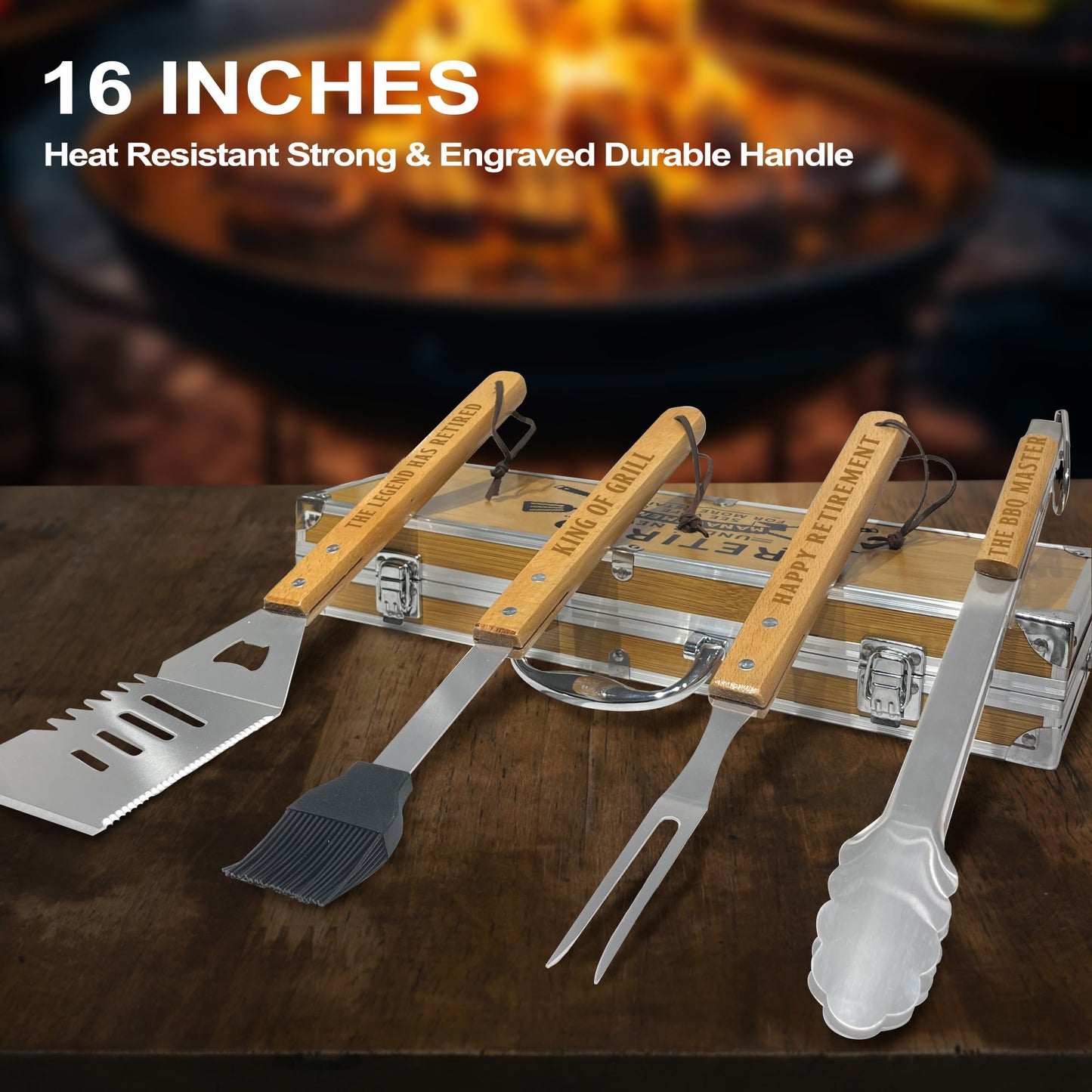 Retirement Gifts for Men, Retired Gift for Dad, Grandpa, Coworker, Retirees Heavy Duty Wooden BBQ Grill Accessories Kit, Thick Stainless Steel Grill Utensil with Non-Slip Handle Tools in Portable Box