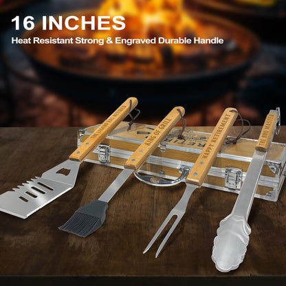 Retirement Gifts for Men, Retired Gift for Dad, Grandpa, Coworker, Retirees Heavy Duty Wooden BBQ Grill Accessories Kit, Thick Stainless Steel Grill Utensil with Non-Slip Handle Tools in Portable Box