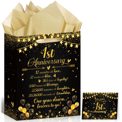 Happy 1st Anniversary Party Favor Bag Black Gold One Year Wedding Anniversary Wrapping Paper Bag with Tissue Paper and Greeting Card First Wedding Candy Goodies Treat Bags for Couple Wife Husband