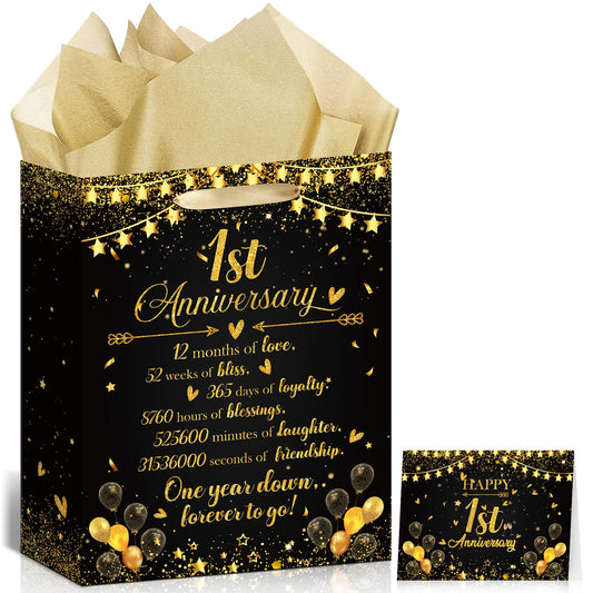 Happy 1st Anniversary Party Favor Bag Black Gold One Year Wedding Anniversary Wrapping Paper Bag with Tissue Paper and Greeting Card First Wedding Candy Goodies Treat Bags for Couple Wife Husband