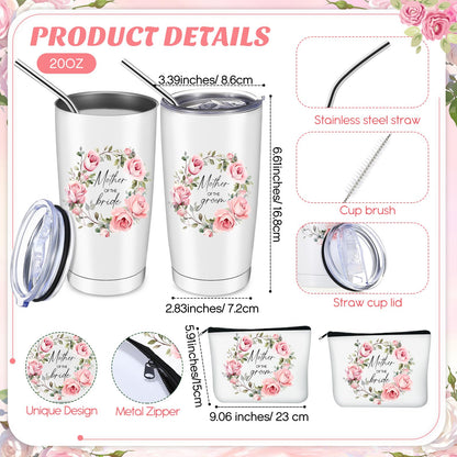 Hushee 2 Sets Mother of The Bride and Mother of The Groom Gifts Set Includes 20 oz Tumblers Canvas Tote Bags Cosmetic Bag Handkerchief Candle for Mom Bridal Shower Wedding Gifts
