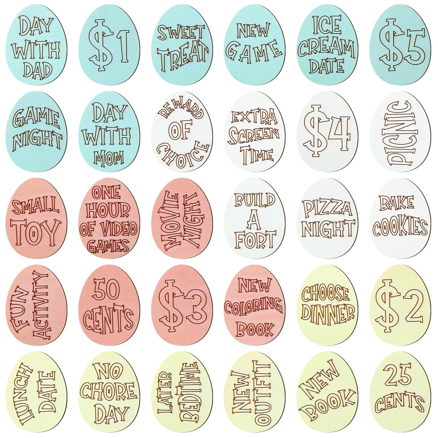 Menkxi 30 Pack Wooden Easter Egg Tokens Basket Stuffers Easter Reward Tokens with 30 Different Engraved Sayings Eggs Filled Activity for Teens Adults
