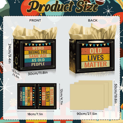Funny Birthday Gift Bag Old Lives Matter Wrapping Paper Vintage Birthday Gift Bag for Men with Tissue Paper Greeting Card Weird Being The Same Age As Old People Birthday Bags for Dad Grandpa Husband Bday Party Suppllies