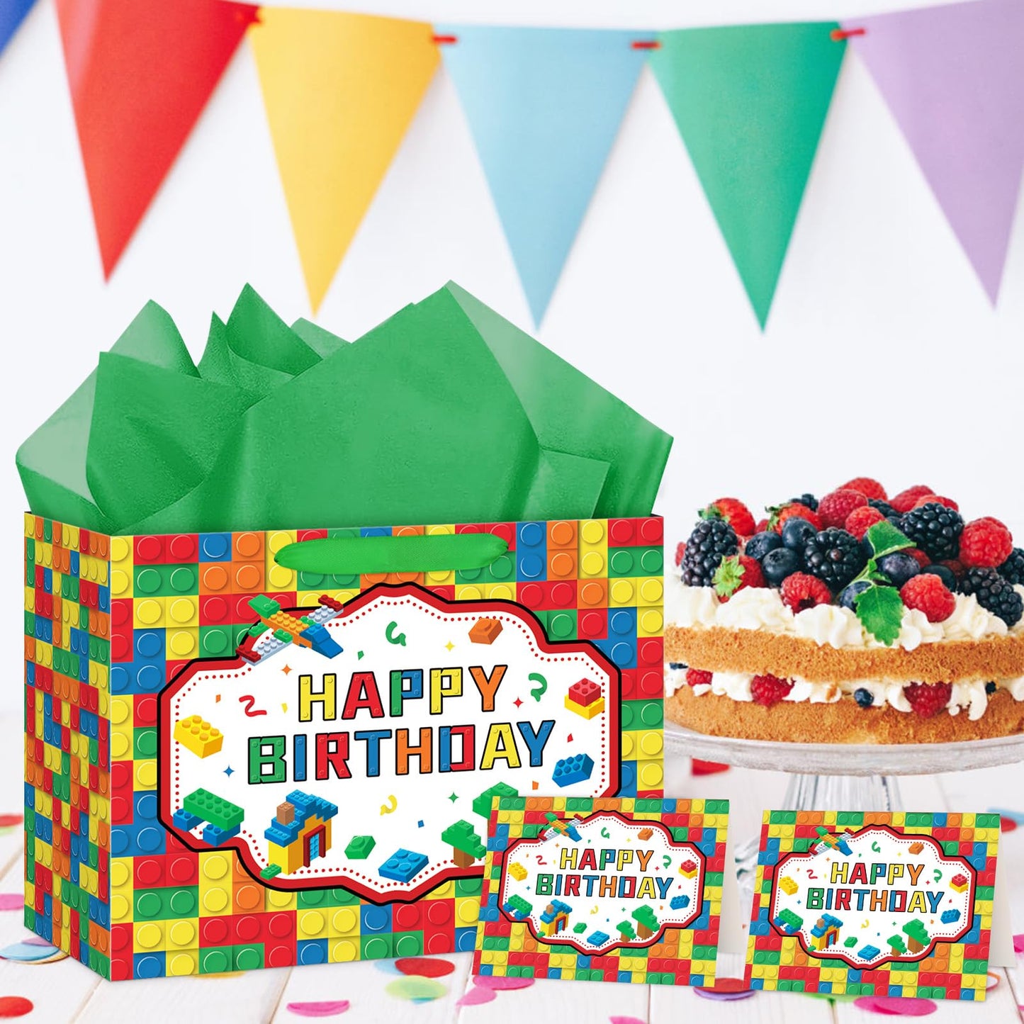 Abilat Building Blocks Birthday Gift Bag with Tissue Paper and Greeting Card Large Happy Birthday Gift Wrapping Bag for Kids Boys Girls Bricks Theme Party Decorations Supplies