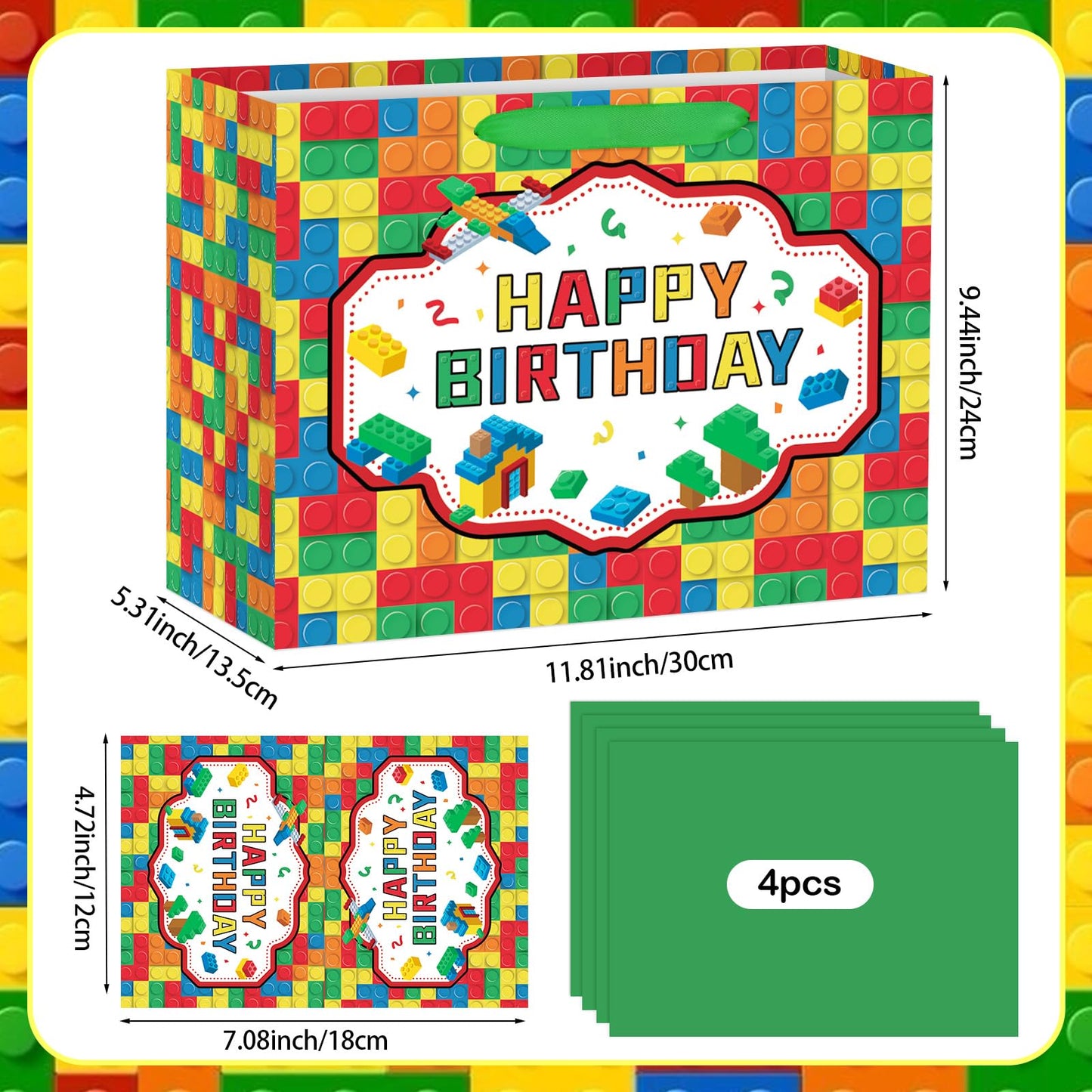 Hooqict Large Building Blocks Birthday Gift Bag Happy Birthday Gift Wrapping Bag with Handles, Tissue Paper, Greeting Card for Kids Boys Girls Building Bricks Theme Party Decorations Supplies