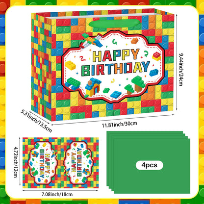 Hooqict Large Building Blocks Birthday Gift Bag Happy Birthday Gift Wrapping Bag with Handles, Tissue Paper, Greeting Card for Kids Boys Girls Building Bricks Theme Party Decorations Supplies