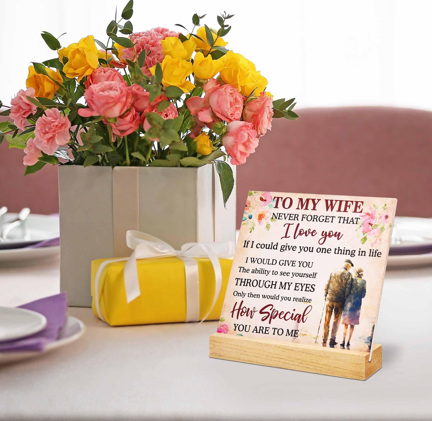 Romantic Gift for Wife Plaque with Wooden Stand, Love Quote Sign for Wife, Anniversary Birthday Valentine’s Day Christmas Gift for Her Decor