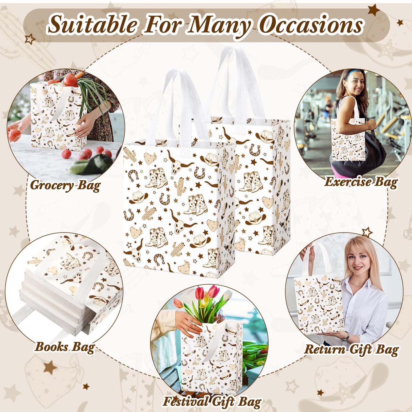 Supervitae 24 Pack Brown Cowboy Gift Bags Medium Western Cowboy Theme Party Decoration Supplies Reusable Non Woven Totes for Rodeo Birthday Themed Supplies Favor(9.8" x 7.9" x 3.9")