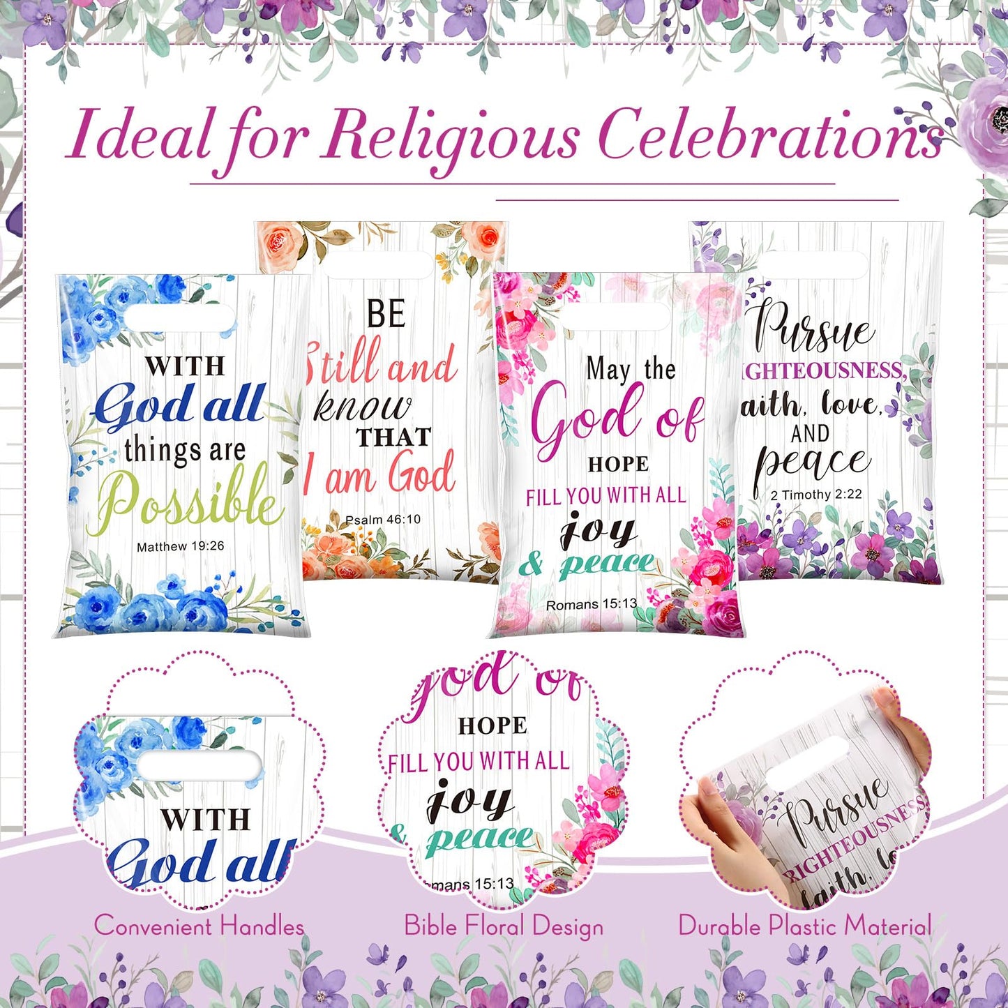 Pasimy 100 Pcs Christian Gift Bags Mother's Day Religious Bible Floral Plastic Bags with Handles Christian Bible Party Favor Pouch Inspirational Flower Candy Goodie Pouch for Women Wedding Church Gift