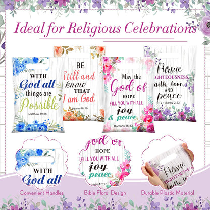 Pasimy 100 Pcs Christian Gift Bags Mother's Day Religious Bible Floral Plastic Bags with Handles Christian Bible Party Favor Pouch Inspirational Flower Candy Goodie Pouch for Women Wedding Church Gift