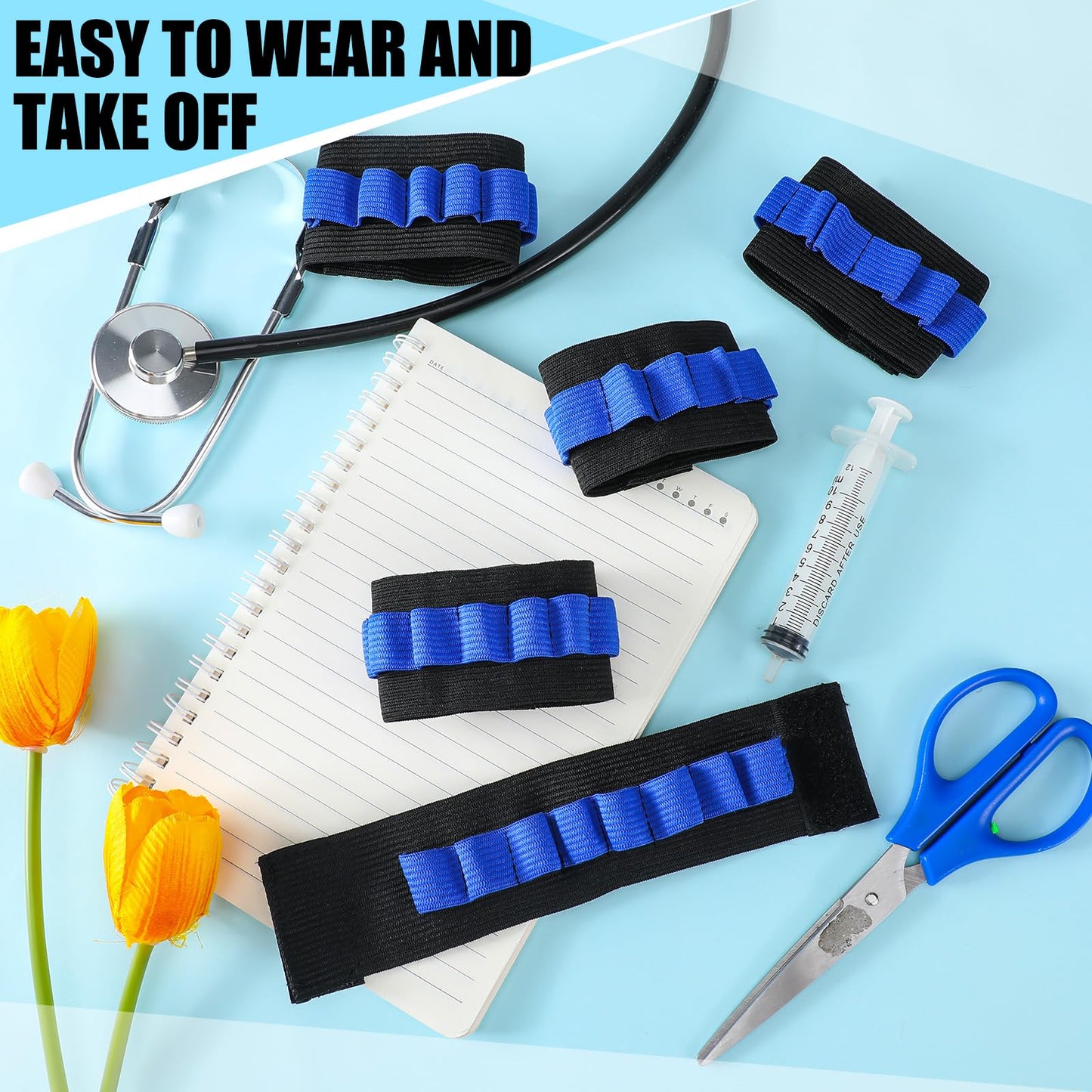 Threlaco 6 Pack Phlebotomy Tube Holder Wristband Blood Draw Tube Bracelet Strap Blood Draw Caddy Kit Hold 8 Phlebotomy Tubes for Phlebotomist Nurse Appreciation Week Gift(Blue)