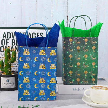 FYSUIMU 16Pcs Eid Mubarak Paper Bags with 20 Sheets Tissue Paper Gold Mosque Moon Star Treat Bags with Handles Candy Goodie Bags for Ramadan Muslim Party Favors Supplies