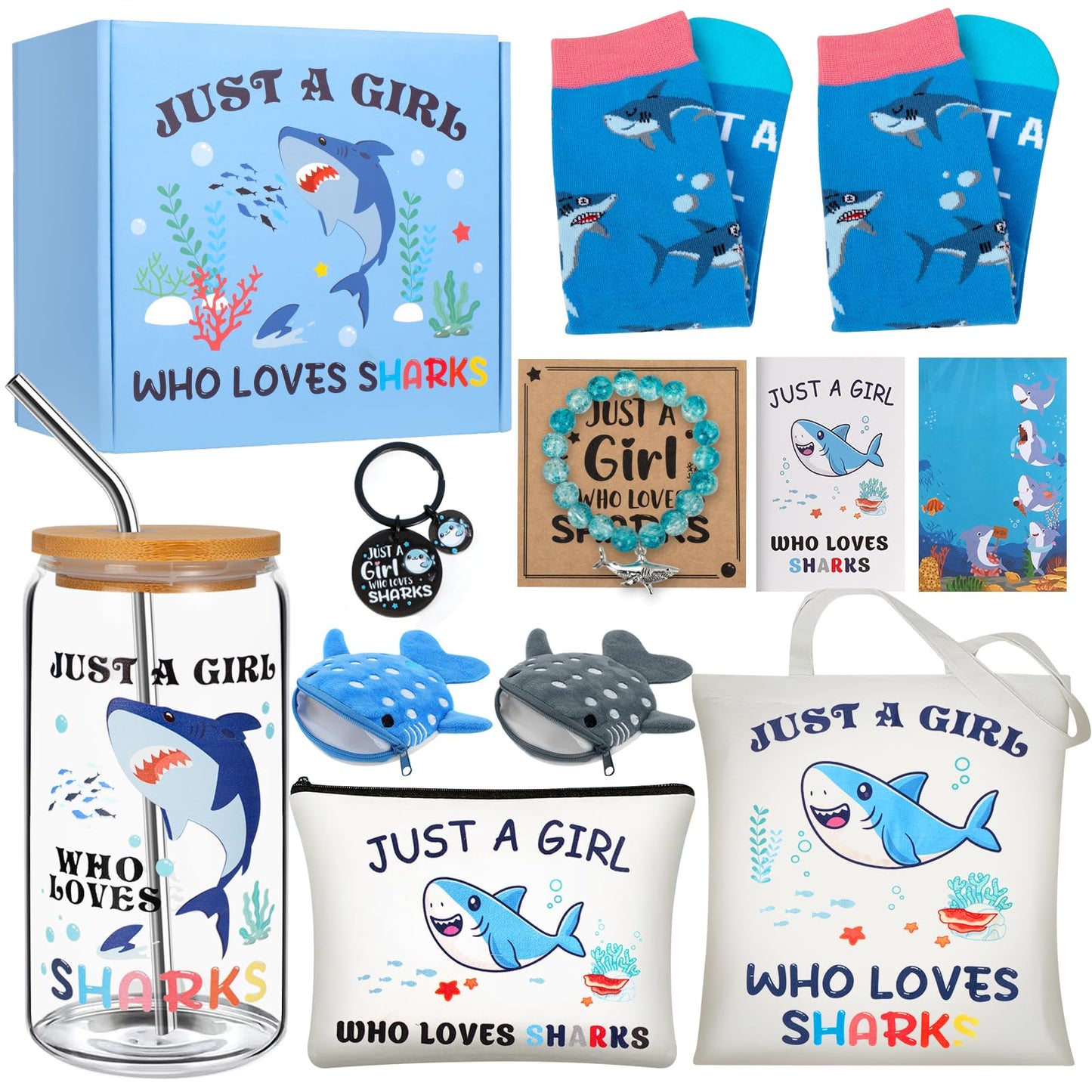 Shark Gifts for Women, 10Pcs Shark Lovers Gift for Girls Including Glass Cup Bracelet Tote bag Makeup Bag Shark Coin Purse Socks Notepad Gift Card for Christmas Birthday Mothers Day