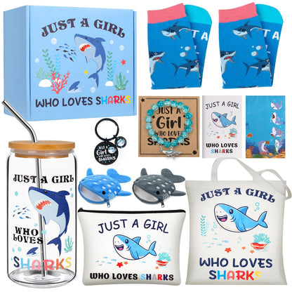 Shark Gifts for Women, 10Pcs Shark Lovers Gift for Girls Including Glass Cup Bracelet Tote bag Makeup Bag Shark Coin Purse Socks Notepad Gift Card for Christmas Birthday Mothers Day