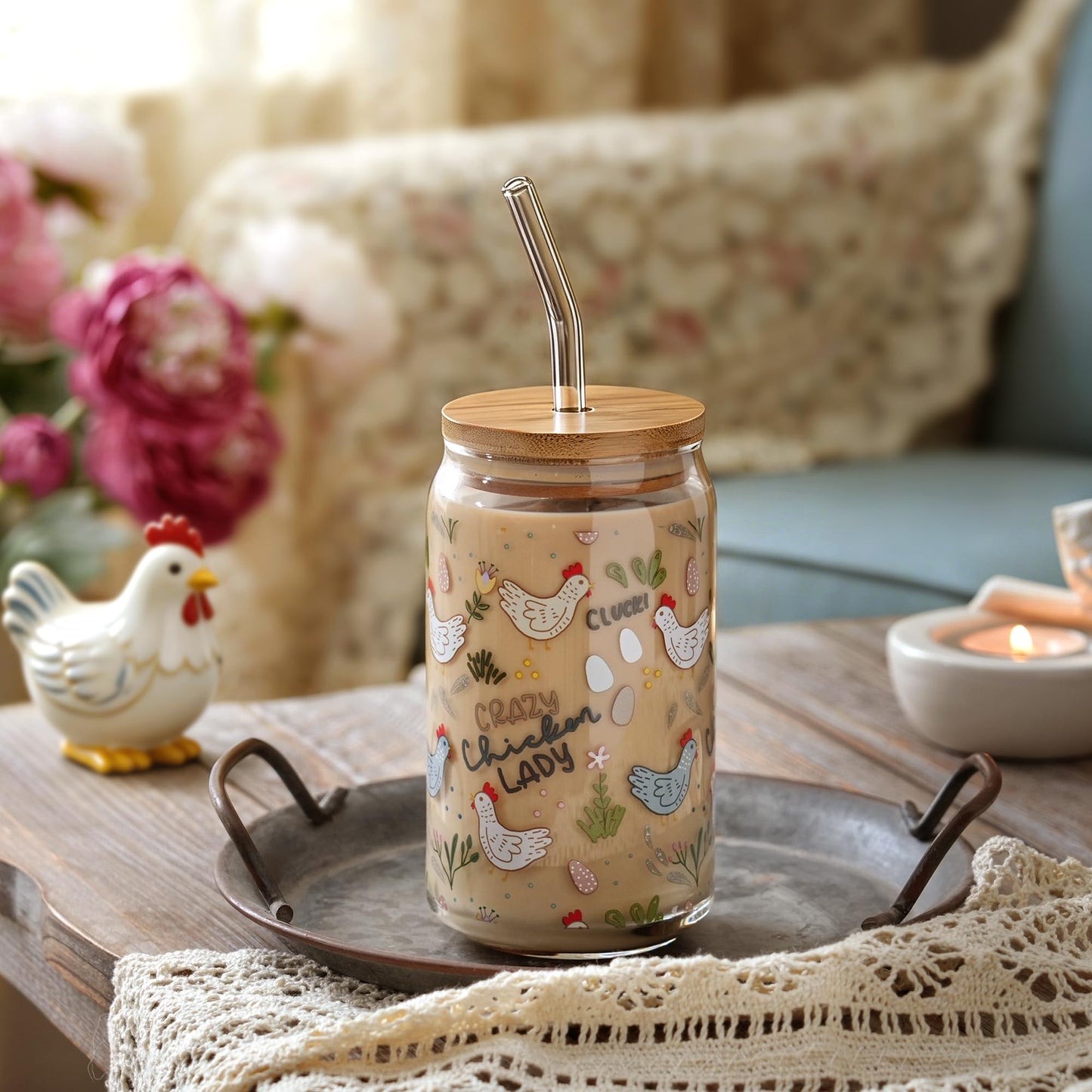 SUPREME LIGHTS ·2017· 16 oz Funny Chicken Glass Cup with Lid & Straw, Chicken Gifts for Chicken Lovers, Chicken Cups Gifts for Women Men Boys Girls Kids, Ideal for Crazy Chicken Lady