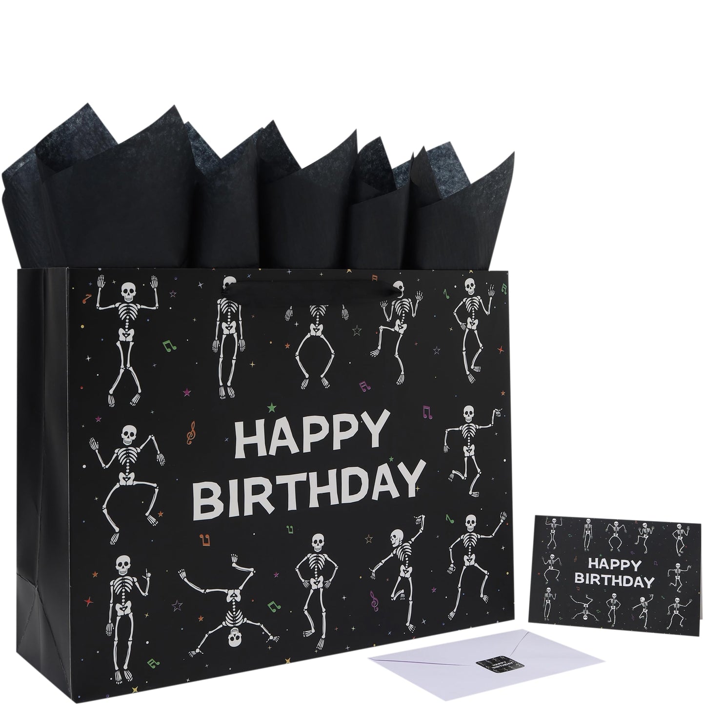 wishinside 16.5'' Extra Large Black Birthday Gift Bag Set with Handles, Greeting Card, Tissue Papers and Stickers for Men Boys Kids Teens for Birthday Party, 1 Pcs