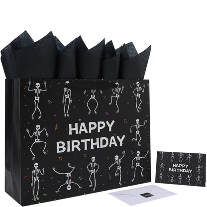 wishinside 16.5'' Extra Large Black Birthday Gift Bag Set with Handles, Greeting Card, Tissue Papers and Stickers for Men Boys Kids Teens for Birthday Party, 1 Pcs