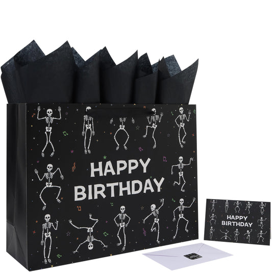wishinside 16.5'' Extra Large Black Birthday Gift Bag Set with Handles, Greeting Card, Tissue Papers and Stickers for Men Boys Kids Teens for Birthday Party, 1 Pcs