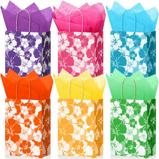 Teling 36 Set Hibiscus Party Favor Hawaiian Themed Paper Bag with Tissues Summer Tropical Gift Tiki Luau Treat Hawaii Goodie Bags with Handles Birthday Party Supplies Multicolor 8.3 x 6 x 3