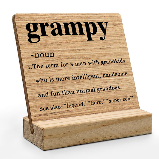 Grampy Gifts Desk Decor, Fathers Day Christmas Gifts for Grampy Grandpa Grandfather Pops Gift from Grandkids Wood Plaque, GrampyDefinition Wooden Plaque Sign with Wood Stand for Home Office