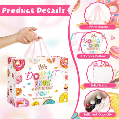 Donut Retirement Gift Bag Pink Retirement Wrap Bag with Tissue Paper Greeting Card Retirement Moving Away Goodbye Party Favors for Women Coworker Friends Farewell Going Away Graduation Party Supplies