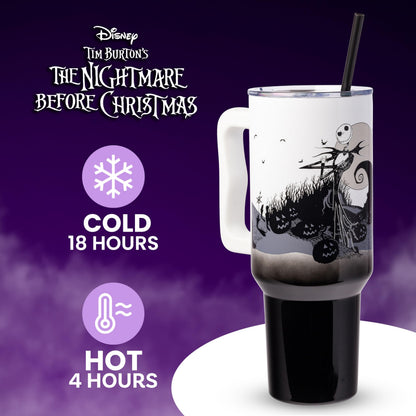 Silver Buffalo Disney Nightmare Before Christmas by Tim Burton Jack Skellington Hill and Moon Double Walled Stainless Steel Tumbler with Handle and Straw, Fits in Standard Cup Holder, 40 Ounces