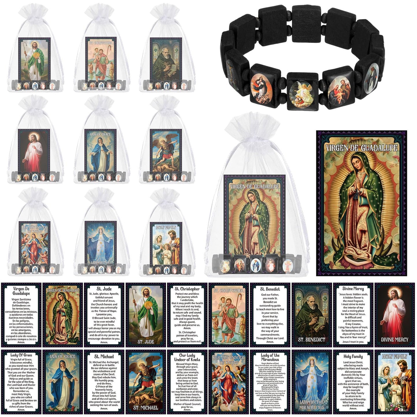 Huquary Catholic Gifts Set Catholic Saint Prayer Cards Holy Rosary Bracelets Devotional Wood with Bags Religious First Communion Baptisms Easter Gift Bulk for Christian Party Favor