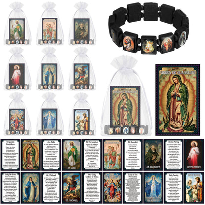 Huquary Catholic Gifts Set Catholic Saint Prayer Cards Holy Rosary Bracelets Devotional Wood with Bags Religious First Communion Baptisms Easter Gift Bulk for Christian Party Favor