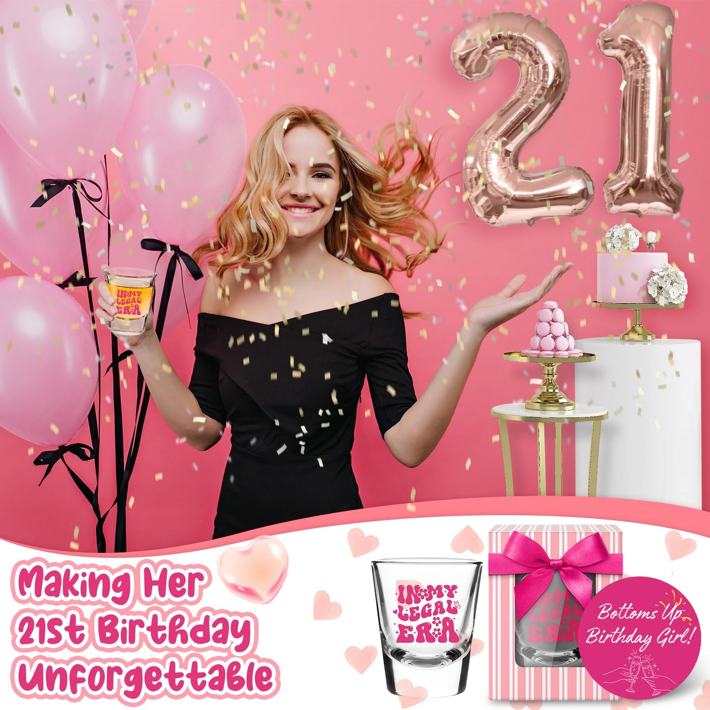 LOVEVOYAGE 21st Birthday Gift for Her - In My Legal Era 21st Birthday Shot Glass with Gift Box, Pink 2005 Turning 21 Bday Presents & Decorations for Daughter, Sister, Friend
