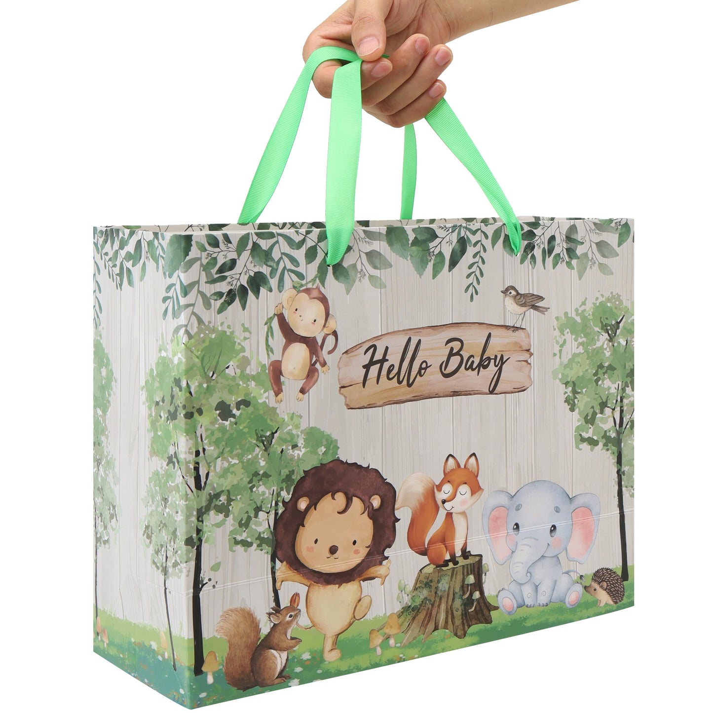 13'' Large Baby Boy Girl Gift Bag Set with Handles, Greeting Card, Green Tissue Papers and Stickers for Birthday, Baby Shower, Newborn, New Moms, Woodland Animals Design, 1 Pcs