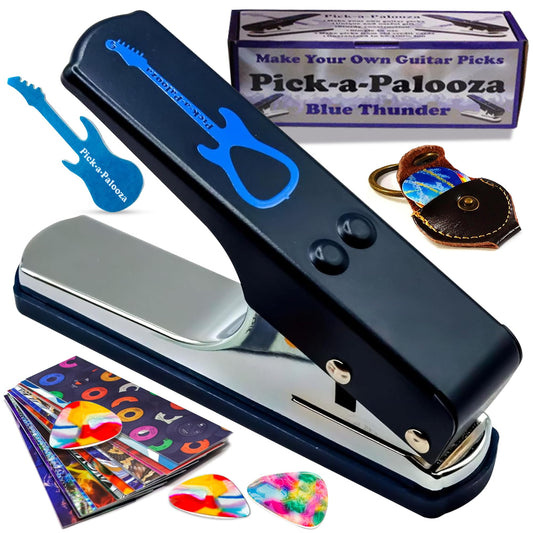 DIY Guitar Picks Punch Mega Pack - Custom Pick Maker for Musicians - Features Leather Key Chain Holder, Pick Strips with Artwork & File - Unique Gifts for Men & Women - Blue Punch