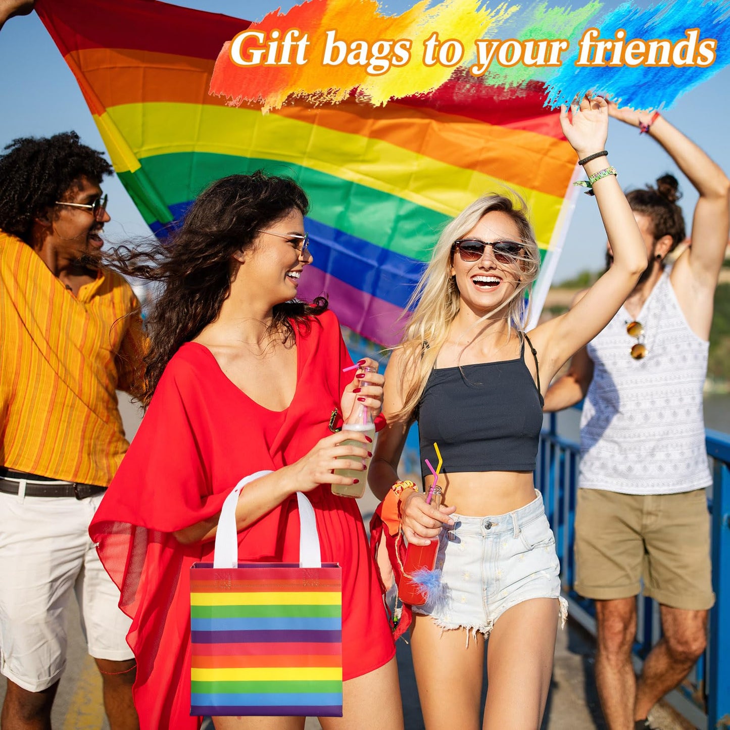 50 Pcs Gay Pride Day Gift Bags Bulk Reusable Tote Bags with Handle, Rainbow Striped Non Woven Flat Bottom Tote for Wedding Birthday Lgbt Awareness Month Party Supplies (Rainbow)