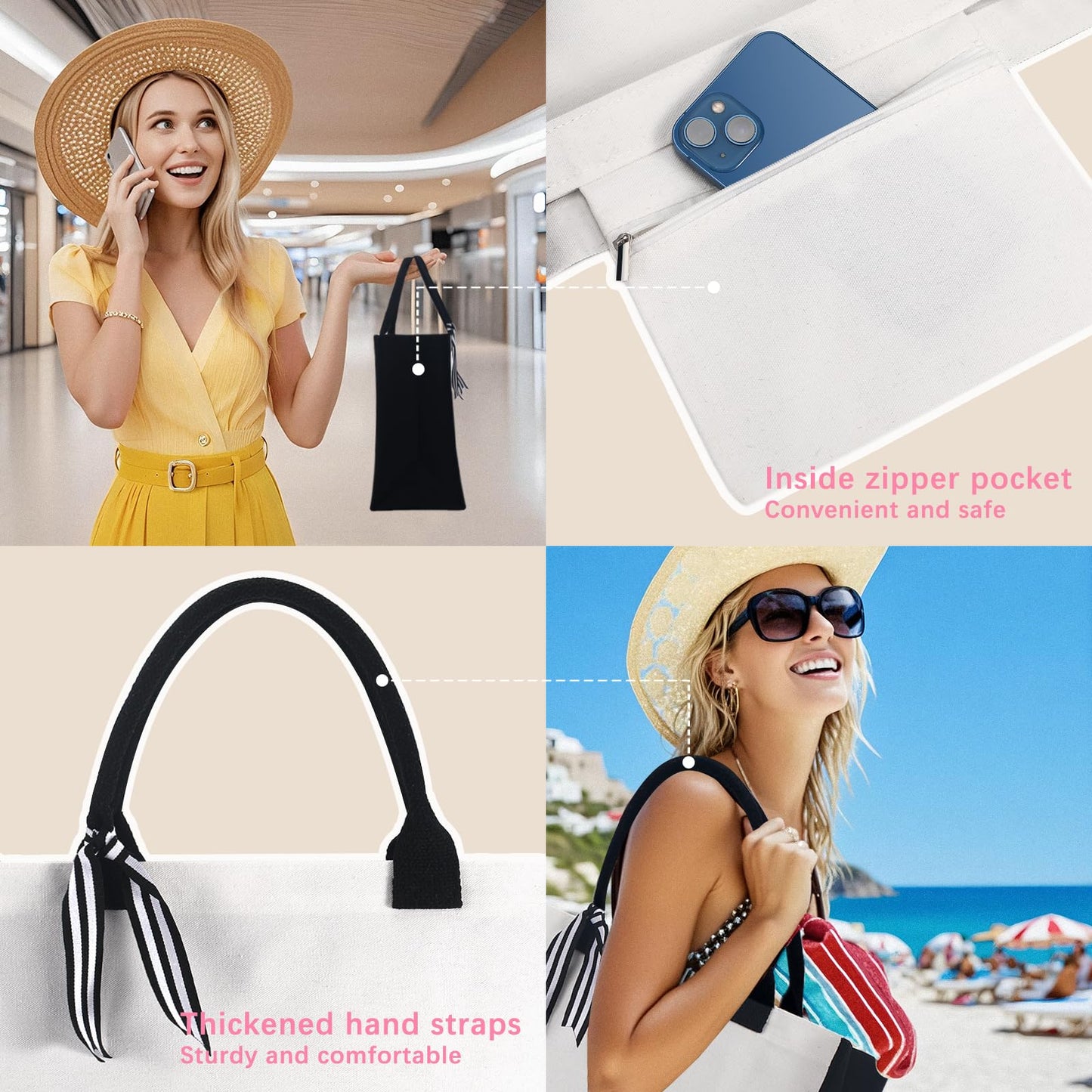 OKBA 10 PCS Personalized Classic Canvas Tote Bag(Black and White),Inside Zipper Pocket Grocery Tote DIY Gift,for Wedding,Birthday,Beach,Perfect Gifts for Women,Mom,Teachers,Friends