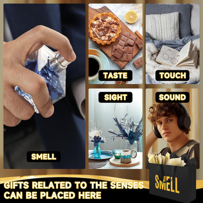 5 Senses Gift Bags For Him Her With Labels Tissue Paper and Handles, Comes With Birthday Decoration Rose Petals and Happy Birthday Banner Balloons for Valentine's Day (Black Gold, 12.6 x 8.7 x 4 inch)