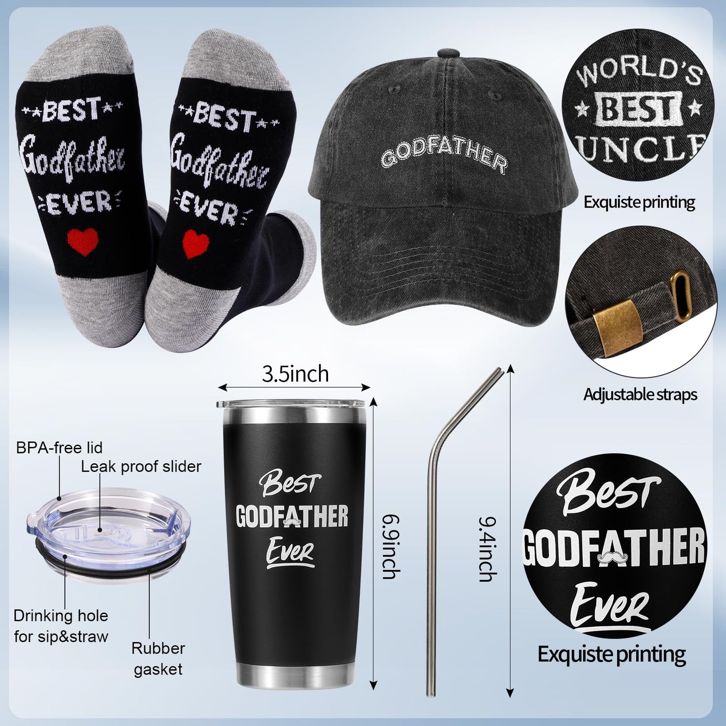 SAIWEILAI ONLINE 9 Pieces Godfather Gift Set Best Godfather Gifts for Men with Tumbler Mens Socks Mens Baseball Cap Key Chain Card for God Father Uncle for Christmas, Birthday