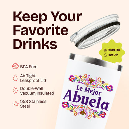 KLUBI Abuela Gifts - Le Mejor Abuela Coffee Cup 20oz Stainless Steel Tumbler, Regalos Para Abuela, Abuela Birthday Gifts, Abuela Cup, Gifts for Abuela, Spanish Grandma