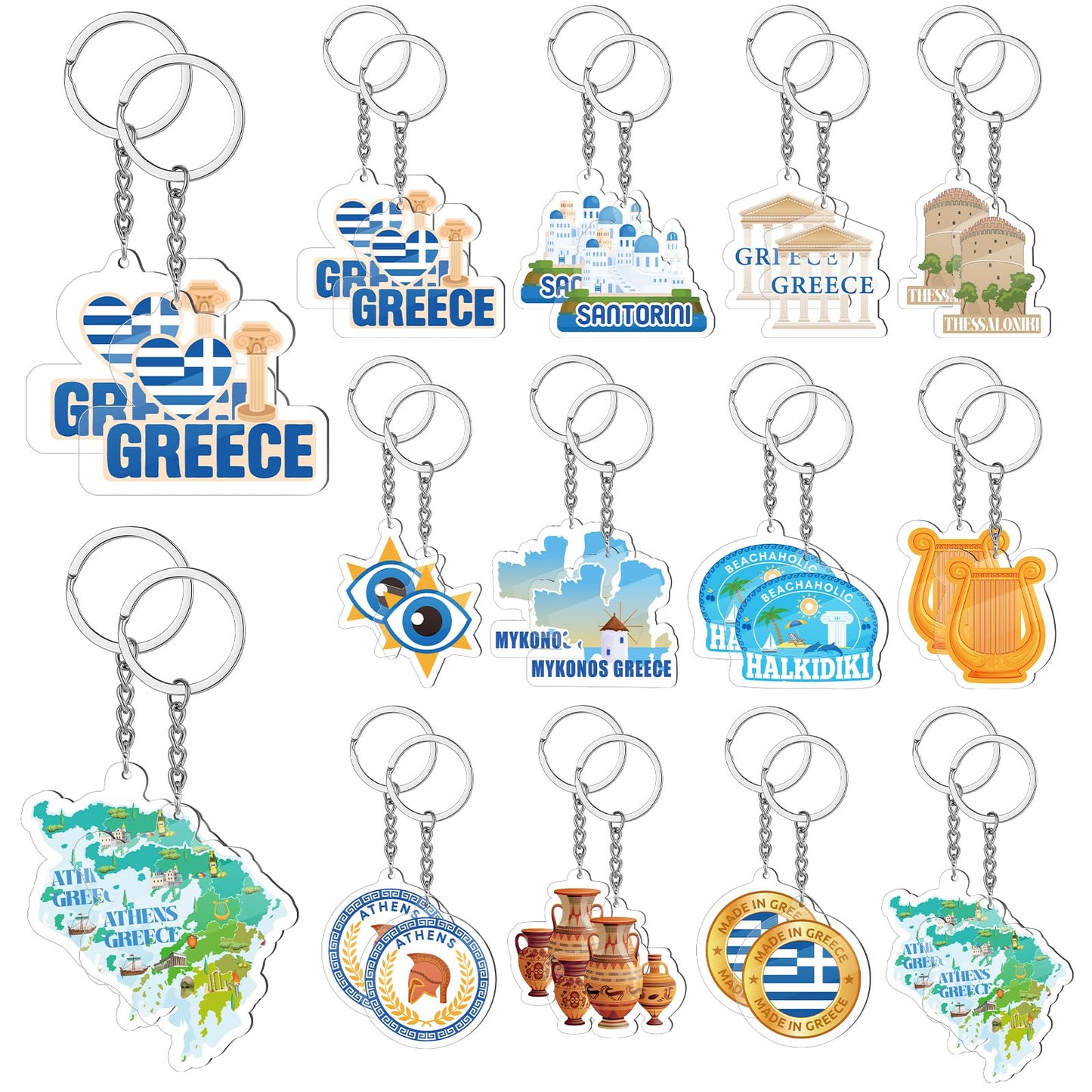 Sureio 24 Pcs Greek Keychains Ancient Athens Greece Acrylic Keychains Greece Souvenirs Greek Gifts for Christmas Birthday Party Favors