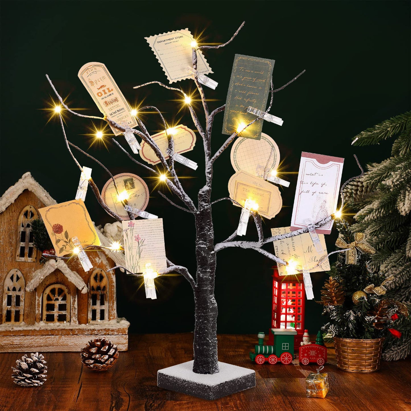 Coume Money Tree Gift Card Holder 1.5 ft Tabletop Display Tree with 72 LED Lights 15 Clear Clips Silver Display Birch Twig for Money Wedding Card Photo Birthday