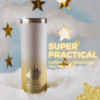 Onebttl Pineapple Glitter Tumbler - Stand Tall, Wear a Crown, Always Be Sweet - 20oz/590ml Stainless Steel Insulated Tumbler - Pineapple Gifts for Women and Lovers - Gold-Silver Gradient