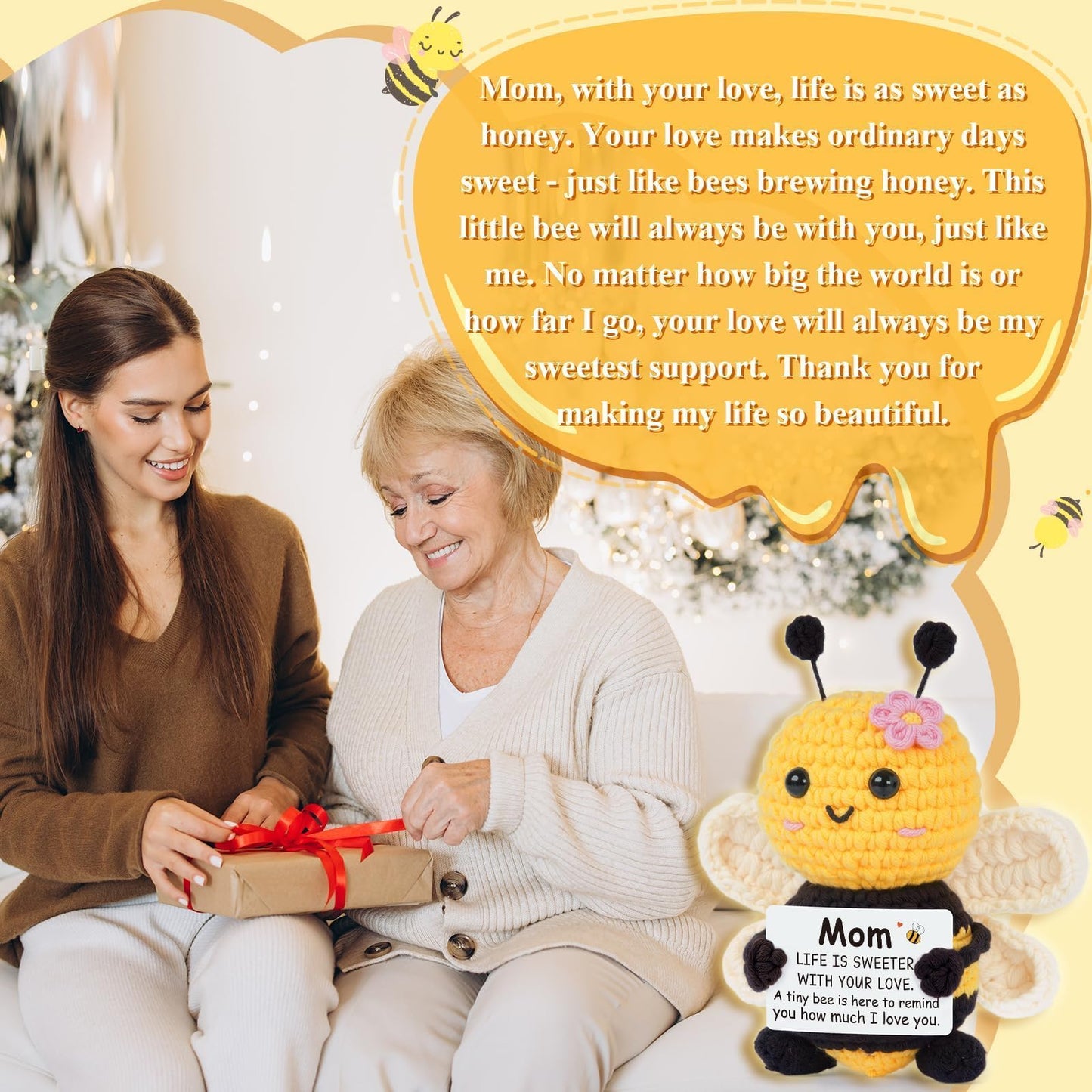 Gifts for Mom from Daughter Son, Mom Birthday Gifts - Cute Handmade Crochet Bee - Birthday Valentines Mothers Day Christmas Bonus Step Mother In Law, I Love You Mama Present, Emotional Support Decor