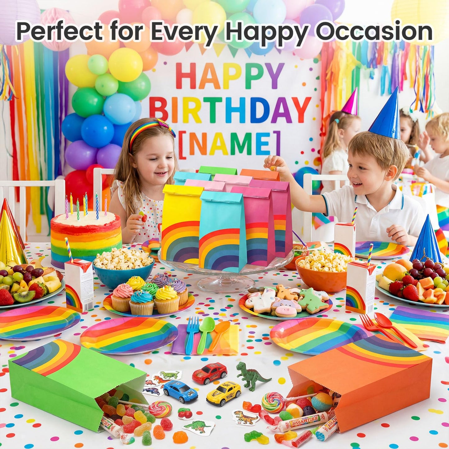 LovesTown 24 Pcs Rainbow Party Favor Bags with Stickers - 8.7"x4.7"x3.1" Colorful Goodie Treat Bags in 8 Vibrant Colors for Kids Birthday, Baby Shower, Wedding & Gift Packaging