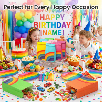 LovesTown 24 Pcs Rainbow Party Favor Bags with Stickers - 8.7"x4.7"x3.1" Colorful Goodie Treat Bags in 8 Vibrant Colors for Kids Birthday, Baby Shower, Wedding & Gift Packaging