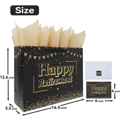 16.5” Extra Large Black Retirement Gift Bag Set with Handles, Greeting Card, Tissue Papers and Stickers for Men Women Office Coworker, Farewell Going Away Party, Happy Retirement Design, 1 Pcs